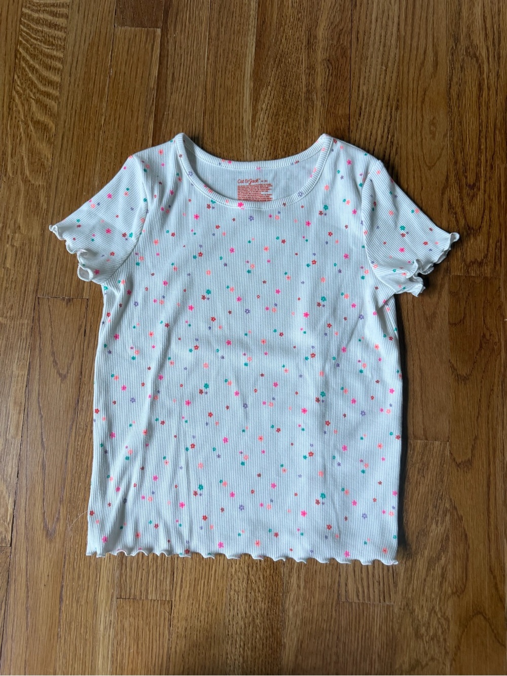 Cat & Jack Girls White Ruffle Hem Tee Baby Tee, Ditsy Floral, M (7/8)